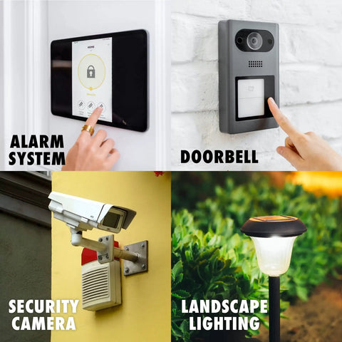 Collage of home devices: smart alarm system panel, video doorbell, security camera, and LED landscape lighting in garden.
