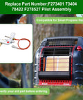 Replacement pilot assembly with red wire and brass connector, shown beside a portable Mr Heater Buddy space heater.