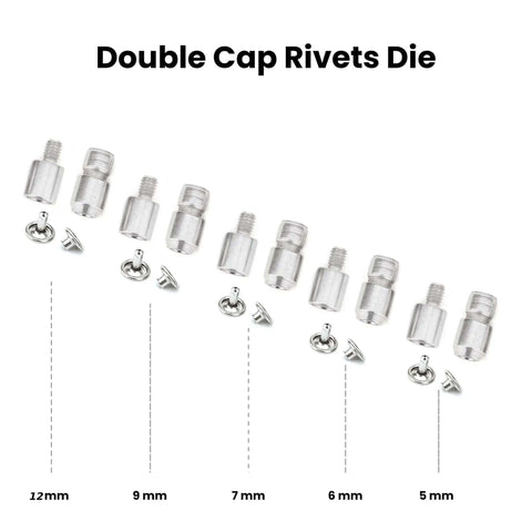 Double cap rivets die included in Pro Grade All In One Hand Press Fastener Kit For Rivets Eyelets Grommets And Snap Buttons.