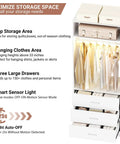 White Freestanding Closet System With 4 Motion Sensor Led Lights Modular Wardrobe Organizer showing top storage, hanging area, and drawers.