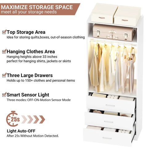 White Freestanding Closet System With 4 Motion Sensor Led Lights Modular Wardrobe Organizer showing top storage, hanging area, and drawers.