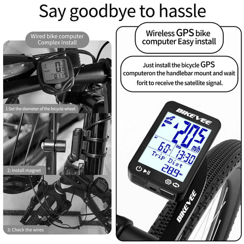 Dope GPS Bike Computer With Wireless Setup displayed on a bike handlebar, showing speed and distance data.