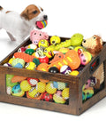Wooden Dog Toy Basket With Slanted Front For Easy Reach filled with colorful dog toys, small dog grabbing ball, mesh sides