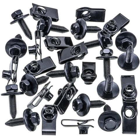 15 Piece M8-1.25 Extruded U Nut And Body Bolts Screw Kit For GM Ford Chevy Buick GMC Cadillac Hummer Oldsmobile Pontiac Saturn Cars And Trucks Multi Purpose Auto Body Fastener Set components scattered on white background.