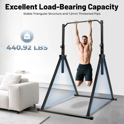 Man using Adjustable Pull Up Station Bar For Home Gym 5.7Ft-7.5Ft Height, Carbon Steel Frame, Rust Resistant Heavy Duty Calisthenics Rig