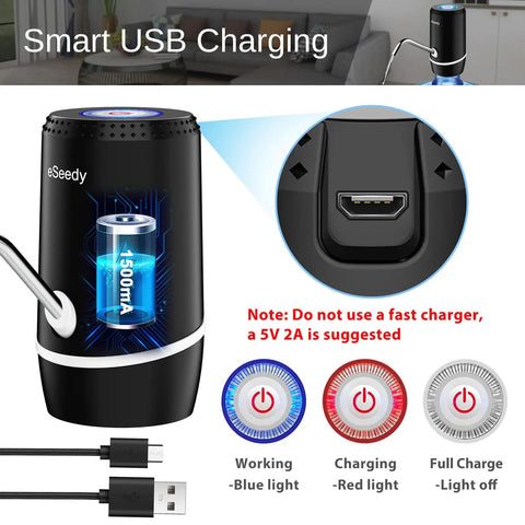 Automatic Electric Water Pump For 5 Gallon Water Bottles And Jugs, USB charging port and indicator lights diagram