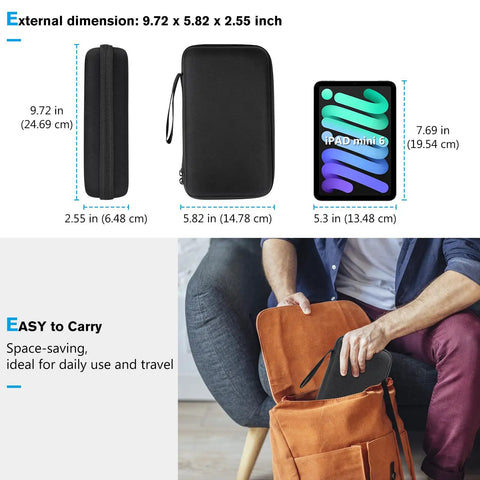 Go To Large Hard Travel Tech Organizer Case shown with dimensions, comparing size with a tablet, being placed in a bag.
