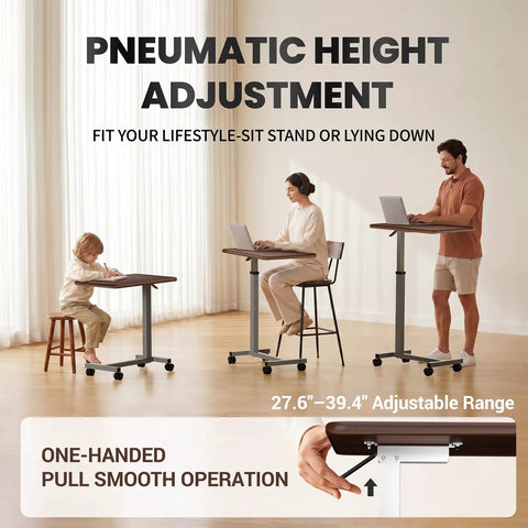 Heavy Duty Pneumatic Overbed Bedside Table With No Sweat Height Adjustment For Home Recovery Or Healthcare Use Non Tilt Surface Durable Walnut Cart in use with adults and child.