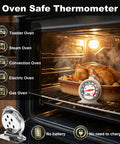 Pro Grade Must Have Oven Thermometer for Gas and Electric Ovens with 100F to 600F Range placed near roasting chicken