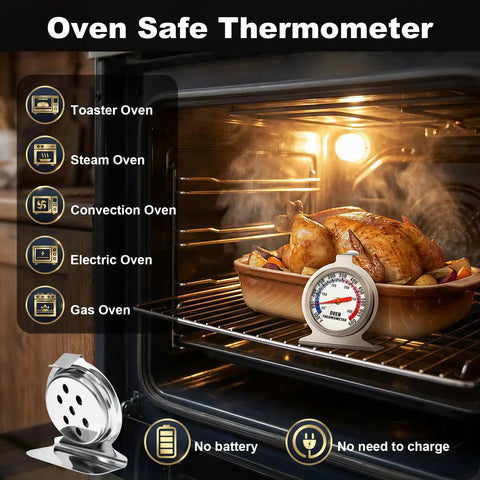 Pro Grade Must Have Oven Thermometer for Gas and Electric Ovens with 100F to 600F Range placed near roasting chicken