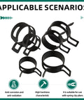 227 Piece Spring Band Hose Clamp Kit With Swivel Flat Band anti-corrosion features visible on black clamps