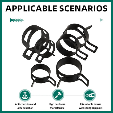 227 Piece Spring Band Hose Clamp Kit With Swivel Flat Band anti-corrosion features visible on black clamps