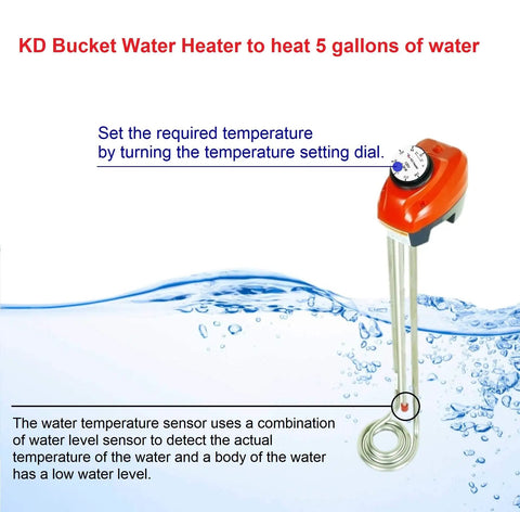 1300W Immersion Bucket Heater With Adjustable Thermostat And Auto Shutoff For Overheat Protection, in water.