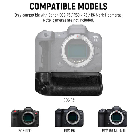 Battery Grip Upgrade For BG R10 For Canon EOS R5 R5C R6 R6 Mark II Mirrorless Cameras with compatibility diagram.