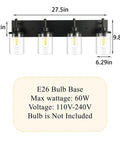 Three Light Matte Black Vanity Light Fixtures For Over Mirror In Bathroom, measurements and voltage details shown