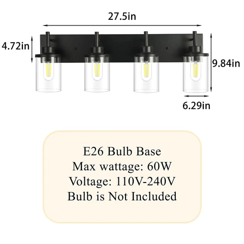 Three Light Matte Black Vanity Light Fixtures For Over Mirror In Bathroom, measurements and voltage details shown