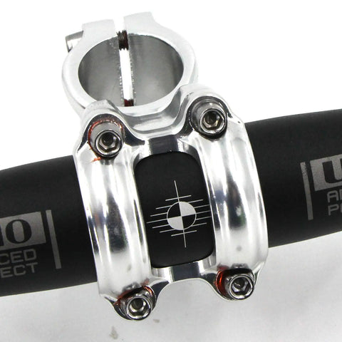Retro Silver 31.8mm Mountain Bike Stem 70mm 35 Degree Riser Handlebar Stem for MTB Road Bike BMX close-up on clamp