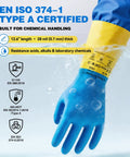 Hardcore Double Dipped Neoprene Rubber Chemical Gloves Built Like A Tank For Heavy Duty Acid Alkali Hazmat Protection Featuring Thick 28 Mil Construction Sensitive Dexterity And Non Slip Grip In Large Size submerged in water demonstrating 28 mil thickness.