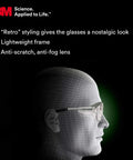 3D model wearing Anti Fog Safety Glasses With Retro Gray Frame And Side Shields, showcasing lightweight anti-scratch lenses