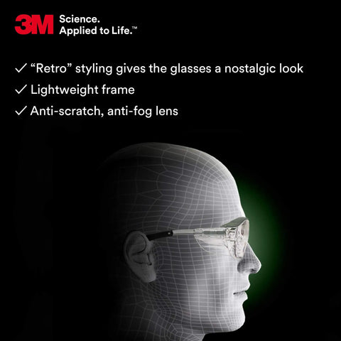 3D model wearing Anti Fog Safety Glasses With Retro Gray Frame And Side Shields, showcasing lightweight anti-scratch lenses