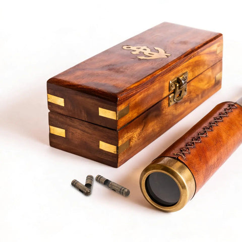 Wooden box with brass details, two Brass Cylinder Concealed Hinges 5mm Thick Barrel Hinges, and a brass-accented tube.