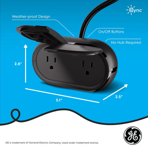 Cync Outdoor Smart Plug With Bluetooth And Wi-Fi Weather-Resistant Outdoor Outlet Socket Black 1 Pack with open cover and dimensions.