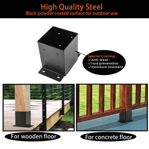 Heavy Duty 4x4 Post Base Brackets With Inner 3.6x3.6 Opening Black Powder Coated Steel for wooden and concrete floors