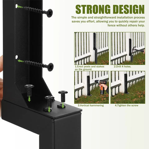 Two Pack Heavy Duty Metal Fence Post Repair Kit With Ground Spike Anchors For Tilted Or Broken Posts Quick Setup For Versatile Garden And Backyard Use, showing easy installation steps.