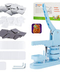 No Sweat DIY Fridge Magnet Button Press Machine With Complete One Hundred Piece Starter Pack For 50 Millimeter Square Photo Crafts, includes blue press and assorted blanks.