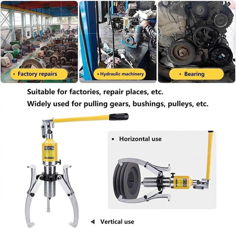 Heavy Duty Hydraulic Gear Puller Extracting Stubborn Hub Bearings Fast With Rock Solid Adjustable Jaws and Kickass Steel Carry Case in use for gear pulling.