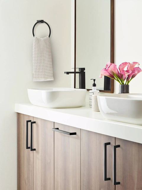 Modern bathroom with Towel Ring In Monument Matte Black, Six And A Half Inch Bath Hardware Upgrade For Modern Bathrooms above sink