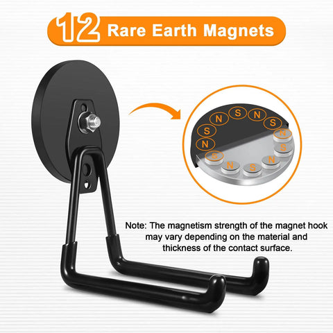 Heavy Duty Magnetic Hooks Set For Garage And Workshop Organization Strong Metal Magnets With Hooks Must Have For Metal Cabinets Pegboards Shelves Tools Shovels Brooms Garden Gear 2 Pack showing rare earth magnet details and L-shaped hook design.
