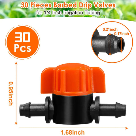 Orange and black valve from 30 Pack One Quarter Inch Drip Irrigation Valves Barbed Shut Off Fittings For One Quarter Inch Tubing