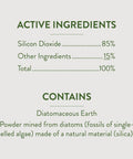 Ingredients list for Crawling Insect Killer With Diatomaceous Earth For Organic Home Garden Use, showing silicon dioxide content.