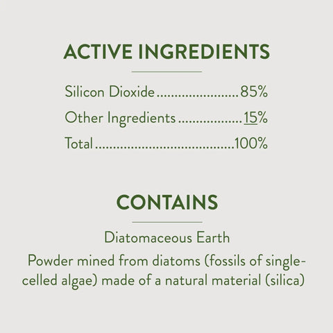 Ingredients list for Crawling Insect Killer With Diatomaceous Earth For Organic Home Garden Use, showing silicon dioxide content.
