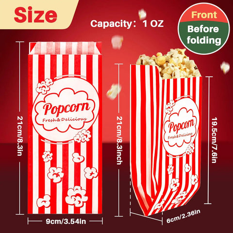 100 Disposable Popcorn Bags 1oz Paper Bags For Popcorn And Kernels Mini Containers Display with Dimensions and Popcorn