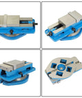 Rock Solid 3 Inch Precision CNC Milling Vise With Swivel Base showing multiple angles of blue steel construction and angled jaws.