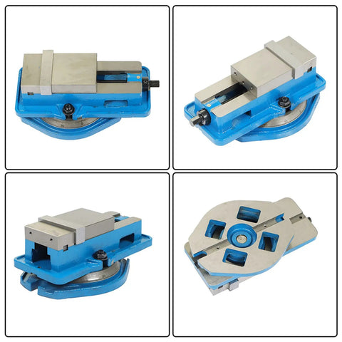 Rock Solid 3 Inch Precision CNC Milling Vise With Swivel Base showing multiple angles of blue steel construction and angled jaws.