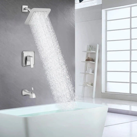 High Pressure 8 Inch Rain Shower Head Tub Spout Shower Faucet Set With Single Handle Valve Included Brushed Nickel Finish