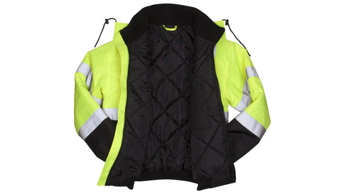 Hi Vis Lime Bomber Jacket With Quilted Lining Weatherproof Polyester Shell 5 Pockets Detachable Hood Size 2X Large