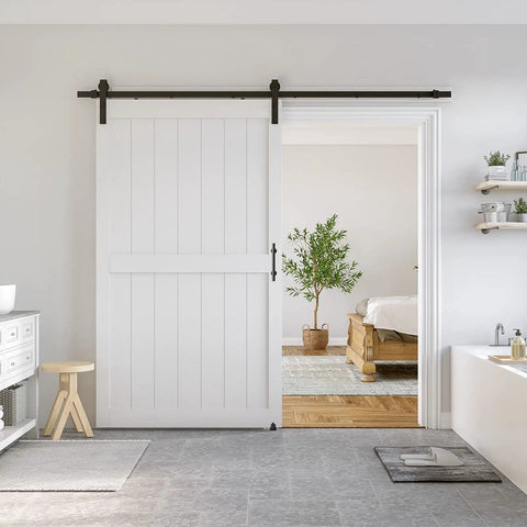 Rock Solid White Sliding Barn Door 48 X 84 Inches Smooth Glide Hardware Kit Primed Mdf Pvc Core in modern interior setting.
