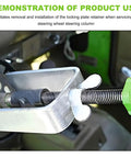 Steering Wheel Lock Plate Remover and Compressor Puller Tool in use on vehicle's steering column, showing reversible adapter.
