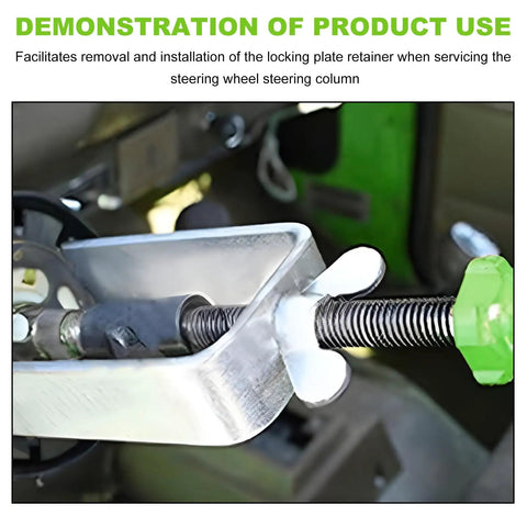 Steering Wheel Lock Plate Remover and Compressor Puller Tool in use on vehicle's steering column, showing reversible adapter.