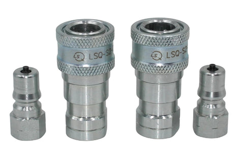 Front view of four chrome hydraulic quick-connect fittings (1/8'' NPT, ISO 7241-B) with dust caps.