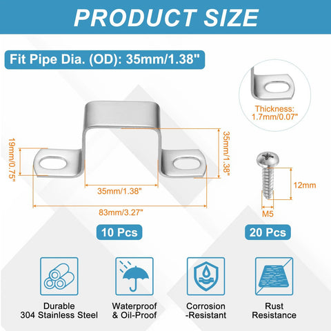 304 stainless square pipe clamps set with U brackets and screws, featuring 1-3/8 inch fit and corrosion-resistant design, 10 pieces