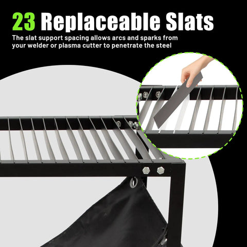 Close-up of 32 Inch Plasma Cutting Table With 21 Inch Wide Slatted Top and replaceable slats, suitable for welding and fabrication.