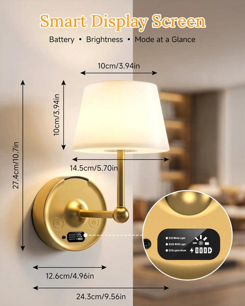 Battery Operated Wall Sconces Set of 2, Wireless Wall Lights with Rechargeable Battery and Smart Display details.