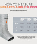 Infrared Ankle Sleeve With No Batteries Needed For Pain Relief And Swelling, size chart for women and men, gray fabric, small to medium size