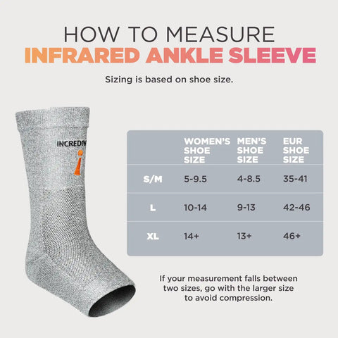 Infrared Ankle Sleeve With No Batteries Needed For Pain Relief And Swelling, size chart for women and men, gray fabric, small to medium size