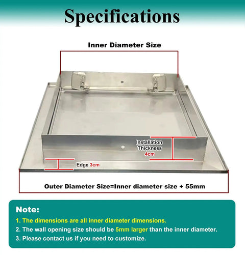 Specification image of Stainless Steel Access Panel Featuring A Straight Up Smooth Operation Dead Simple Push Button Latch For No Sweat Drywall Ceiling Or Wall Install Solid Attic Plumbing Inspection Hatch Covers Ninety By Ninety Centimeter Openings Hits The Sweet Spot Always.